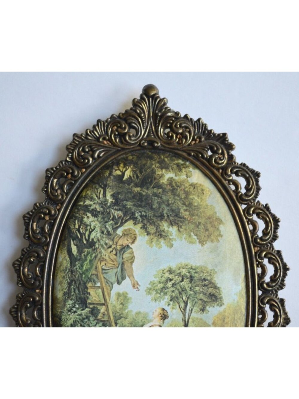 Ornate Metal Frame Silk Fabric Artwork Image Print Vintage Oval - Picture 2 of 5